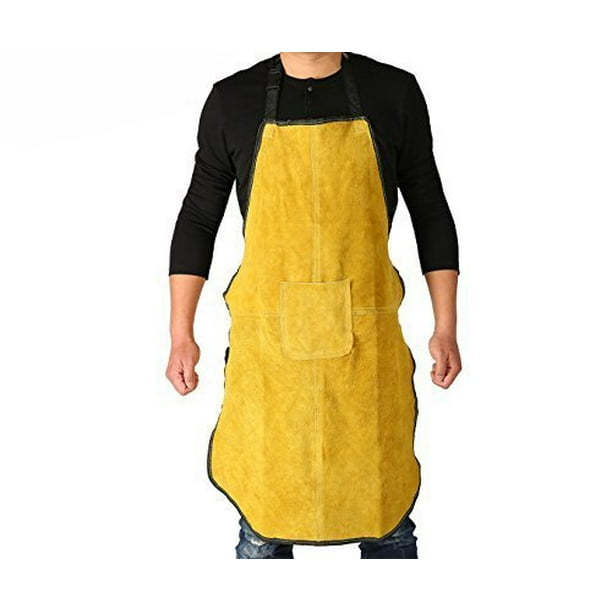 Ouzong Cowhide Leather Welding Bib Apron Heat Flame Resistant Apron With Pocket